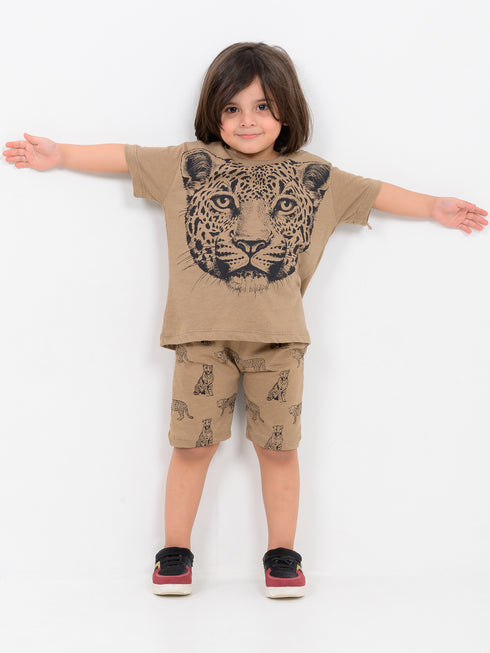 Oversized Tiger Themed Cotton Short Set (Beige)